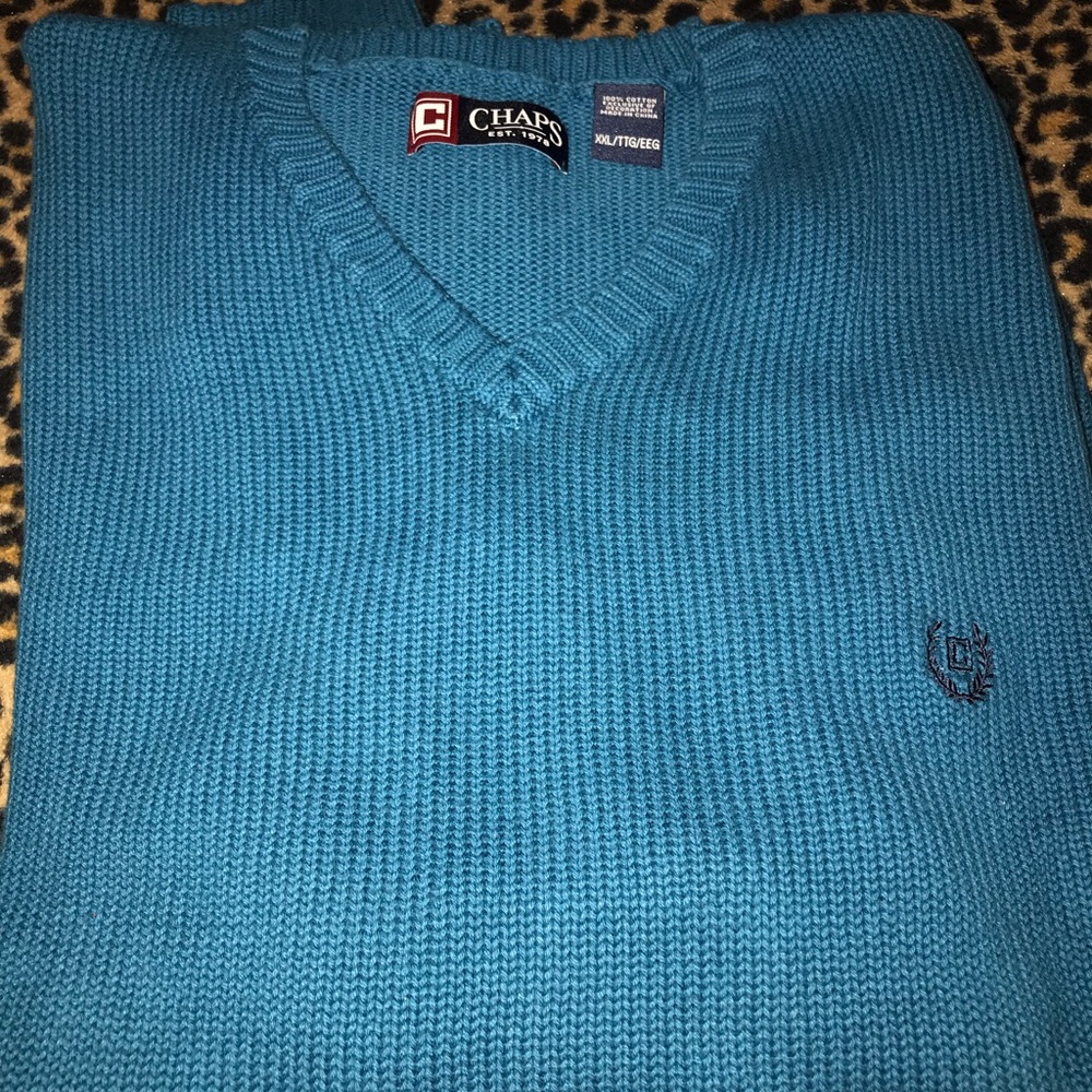 Chaps 2X Teal V Neck Sweater.Cable knit.